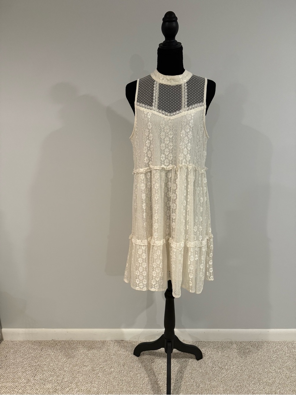 Takara Ivory Lace Tiered Sleeveless Mini Dress
